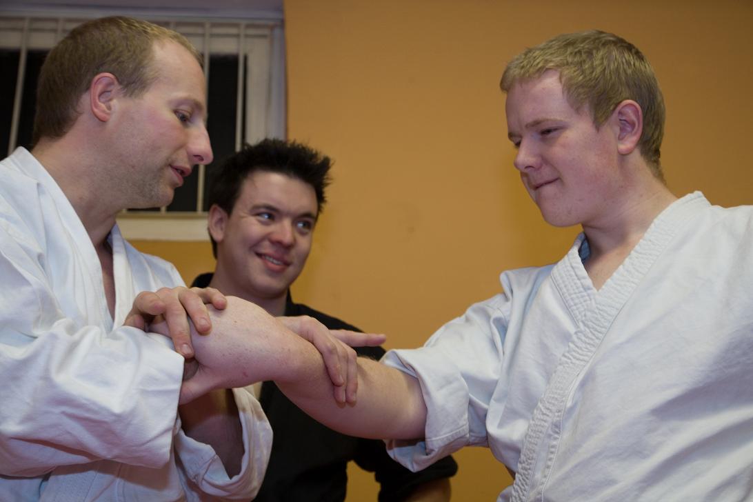 Working on the finer points of the nikyo wrist-lock with students at a seminar in Hull