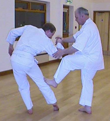 Roger Sheldon, founder of Shinseido, demonstrating a typical Shorin Ryu kick on Mike Flanagan